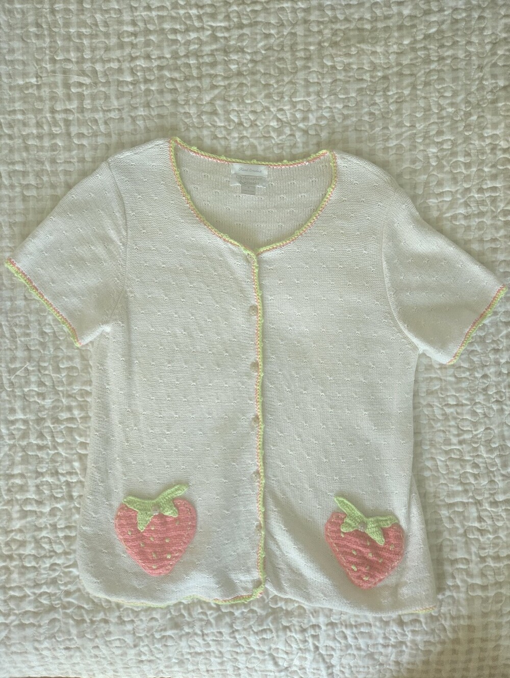 Vintage Crochet Button Short Sleeve Sweater Strawberry Pockets, Grandma, Indie